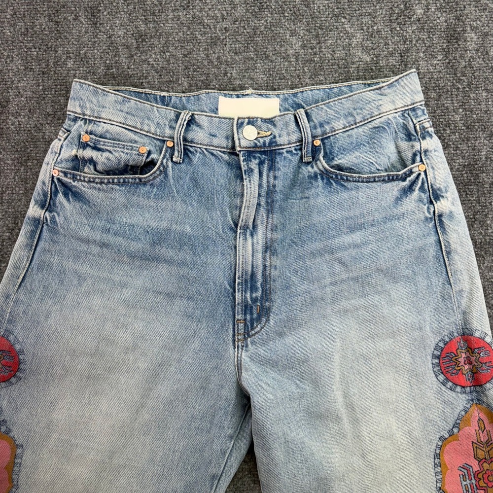 MOTHER Light Blue Denim Wide-Leg Jeans with Pink & Red Floral Panels - Picture 16 of 16